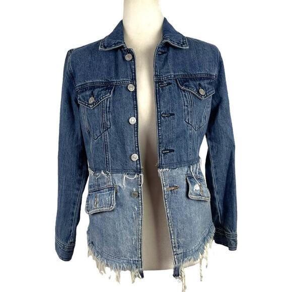 LUCKY BRAND Remade Distressed Denim Waisted Trucker Jacket Raw Frayed Hem XS - Picture 2 of 15